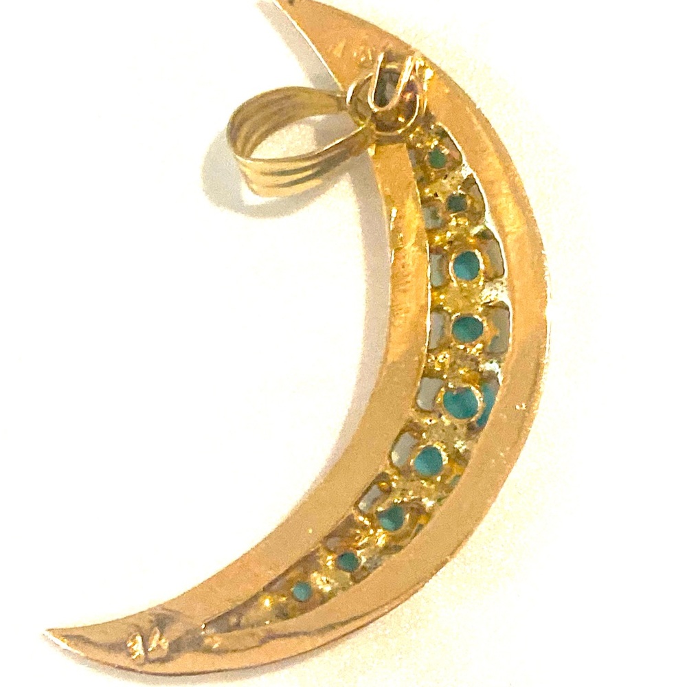 Vintage Crescent Moon Pendant in 14K Gold with Turquoise - Picture 3 of 3